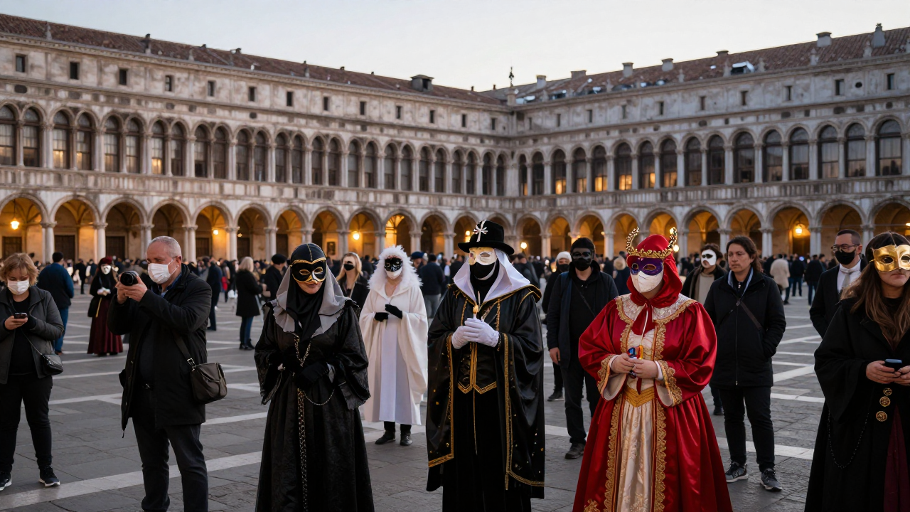 A crowd of visitors in costumes and masks in a square lined with arcades