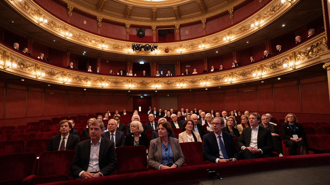 Audience seated in a historic theatre auditorium just before the curtain rises