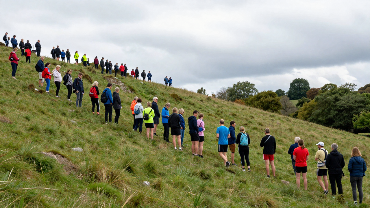 A crowd gathered on a steep grassy hillside before a cheese-rolling race