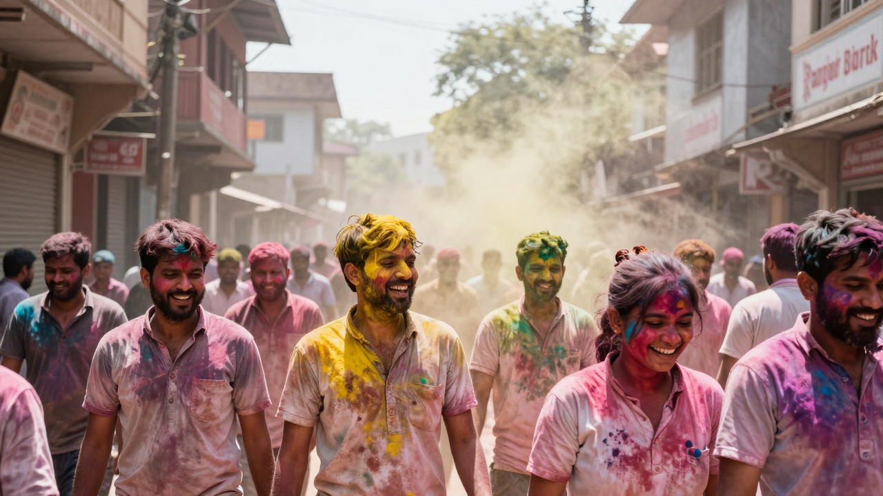 A laughing crowd covered in pink, yellow, green and blue powder throwing colour in a narrow northern Indian street