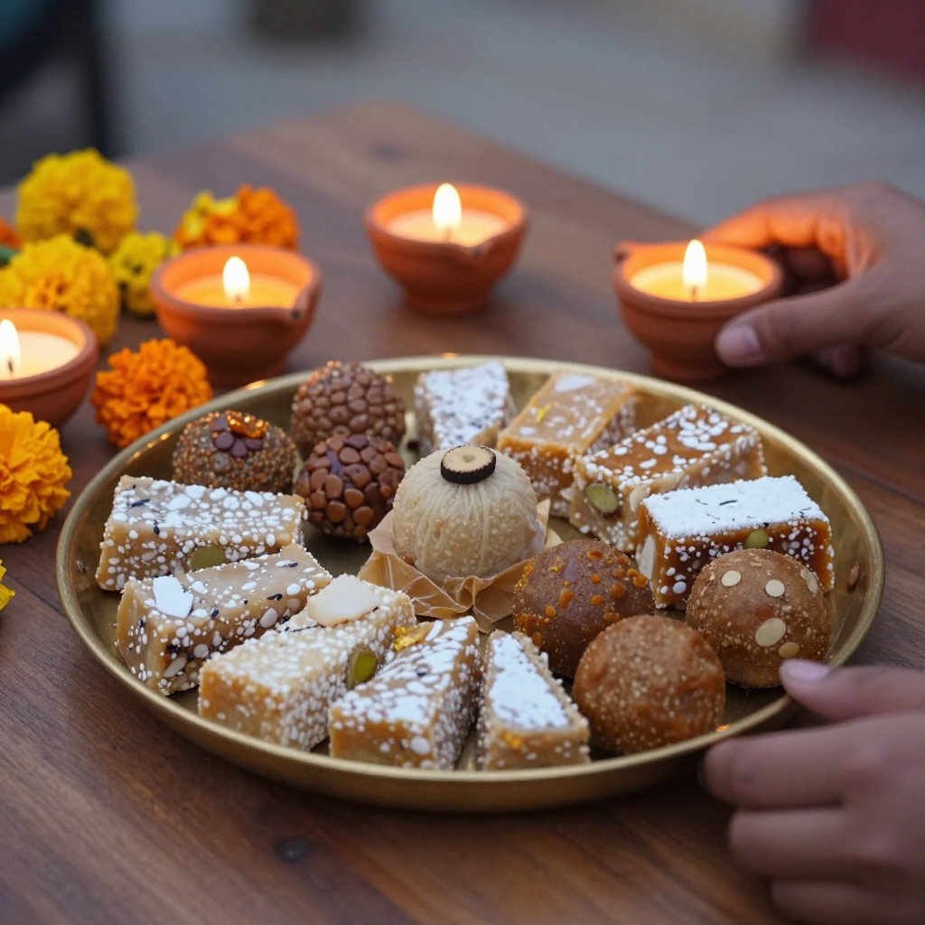 Pirinç bir tepsi üzerinde Hint tatlıları (mithai), yanında yanan çanak lambalar ve kadife çiçekleri