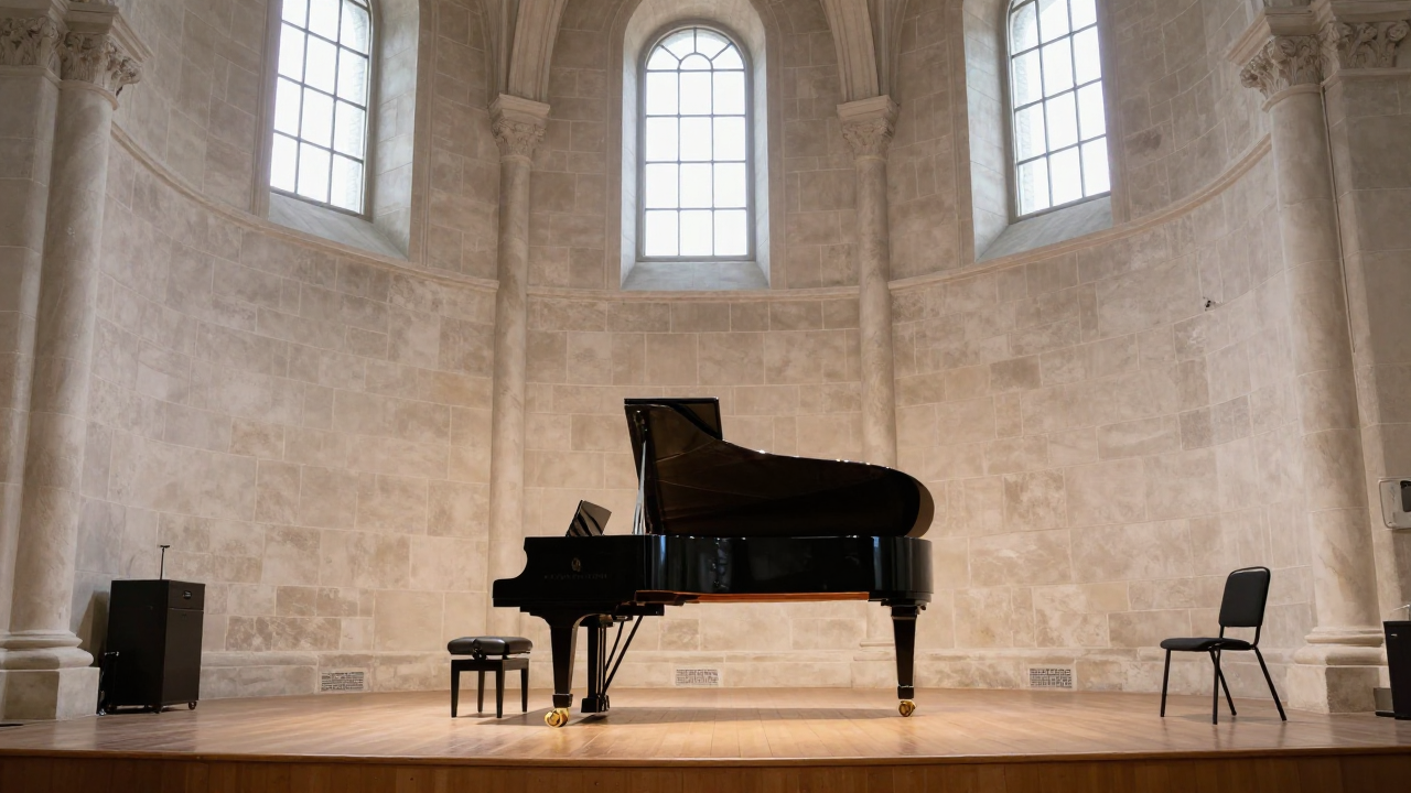 A grand piano on a stage inside a historic stone church interior with tall arched windows