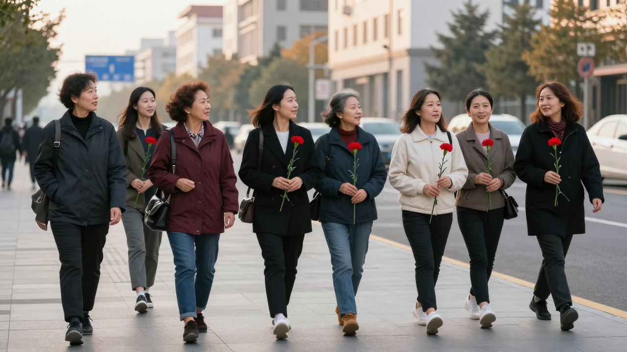 Women of different ages walking together along a wide city avenue in the late afternoon, some holding red carnations
