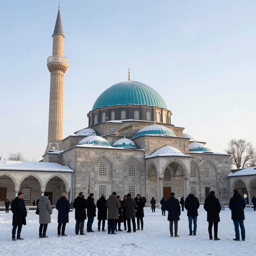A snow-covered courtyard with a turquoise-domed, single-minaret Anatolian complex and visitors in winter coats