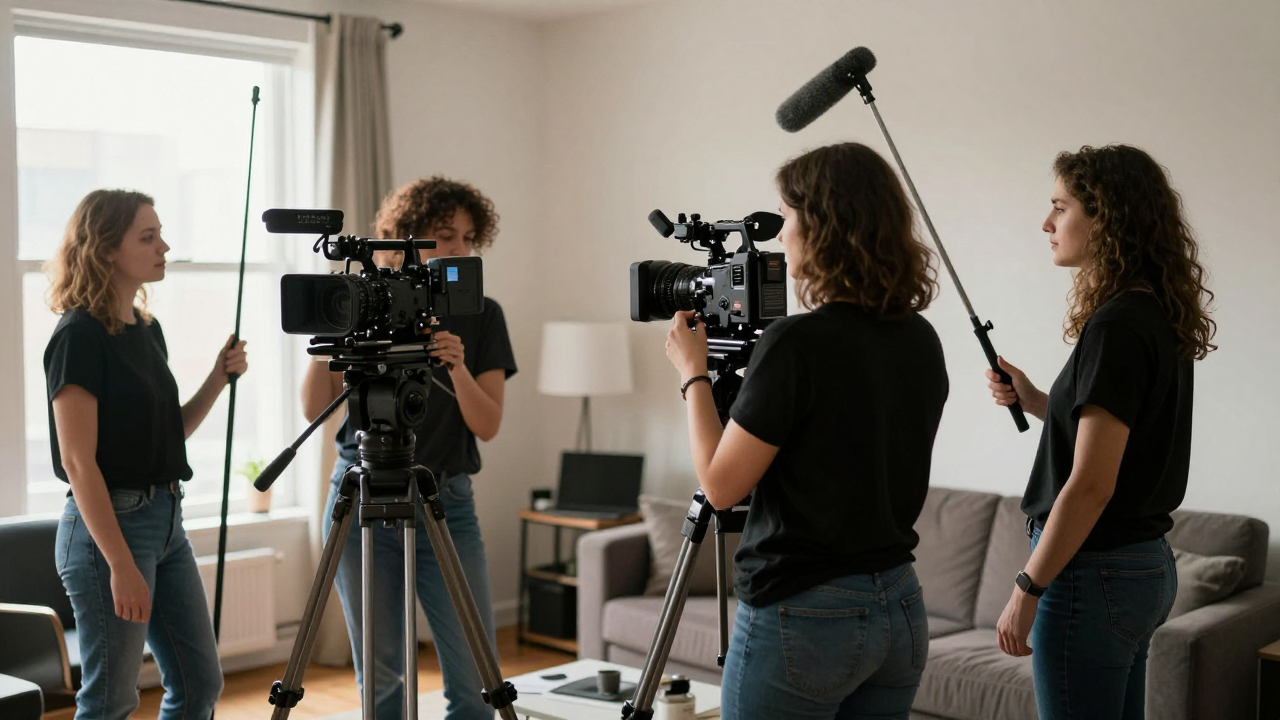 Bir apartman dairesinde kısa film çeken, kameranın ve mikrofonun başındaki kadınlardan oluşan küçük ekip