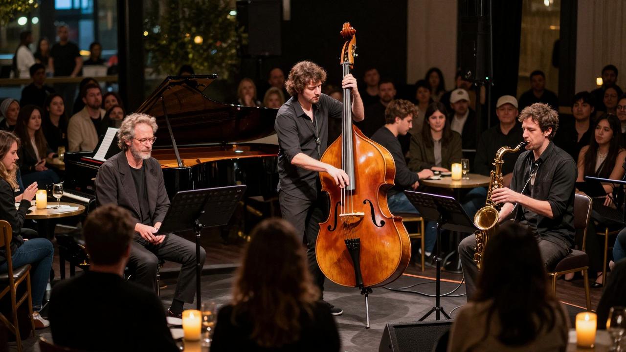 Musicians improvising on stage in a small jazz club with an audience listening