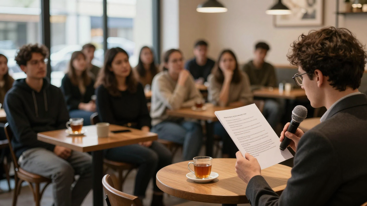 A small audience in a warm cafe listens to someone reading a poem from a sheet of paper at a microphone.