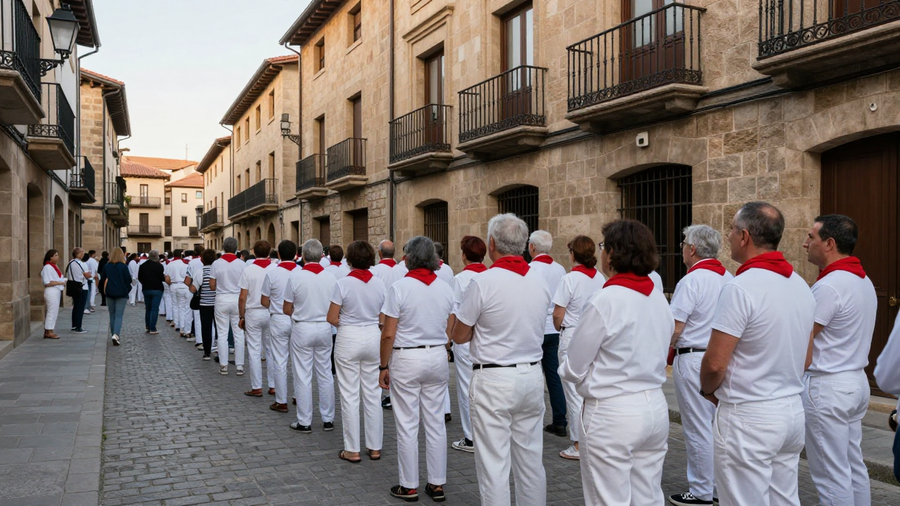 San Fermín crowd dressed in white with red neckerchiefs on a narrow old-town street in Pamplona