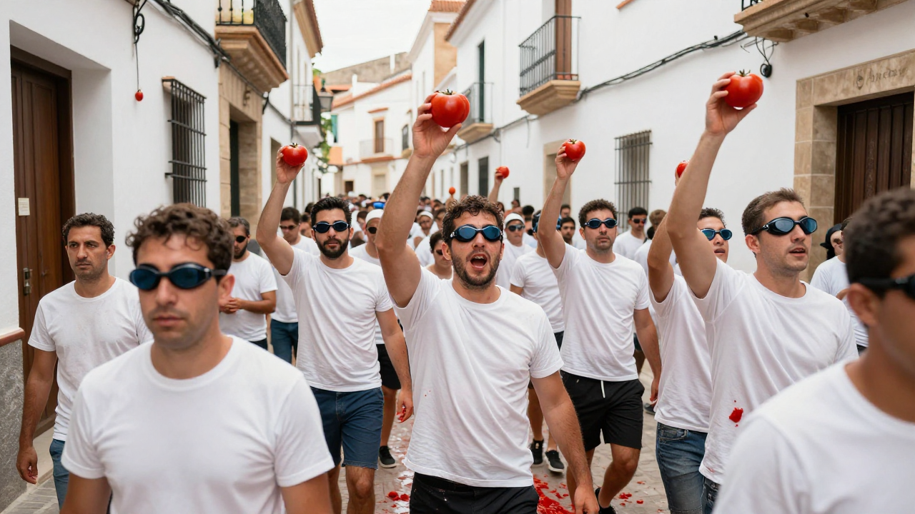 A crowd covered in tomato pulp throwing tomatoes in a narrow Spanish town street