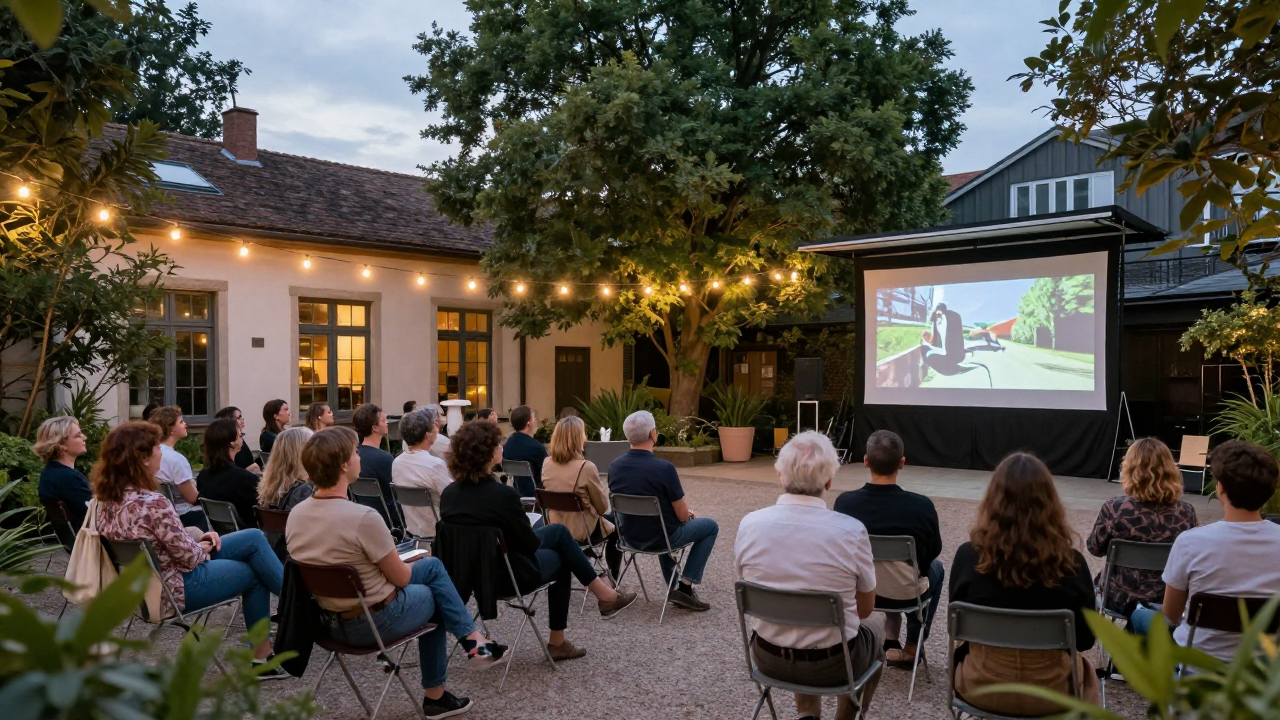 Bir sanat merkezinin bahçesinde akşam karanlığında açık hava perdesinde film izleyen seyirciler