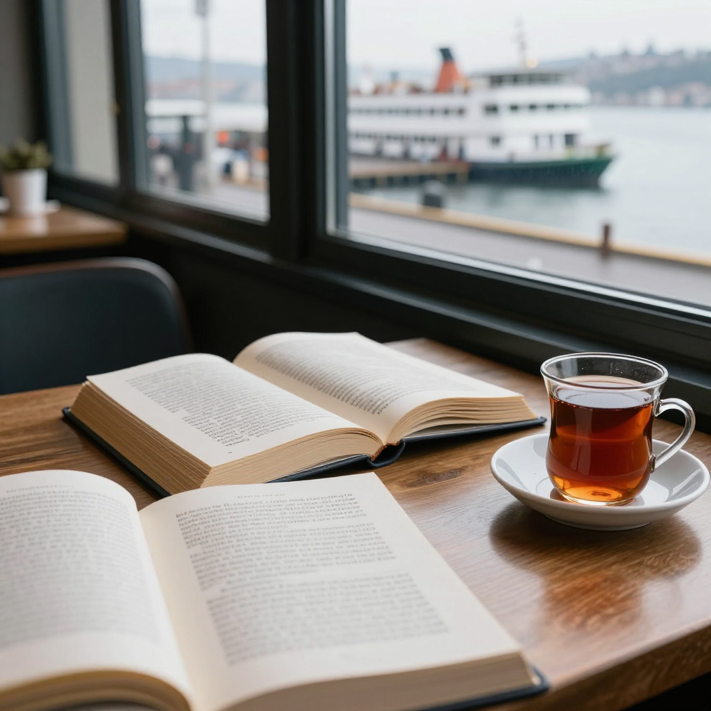 Open short story collections and a glass of tea on a cafe table by a window