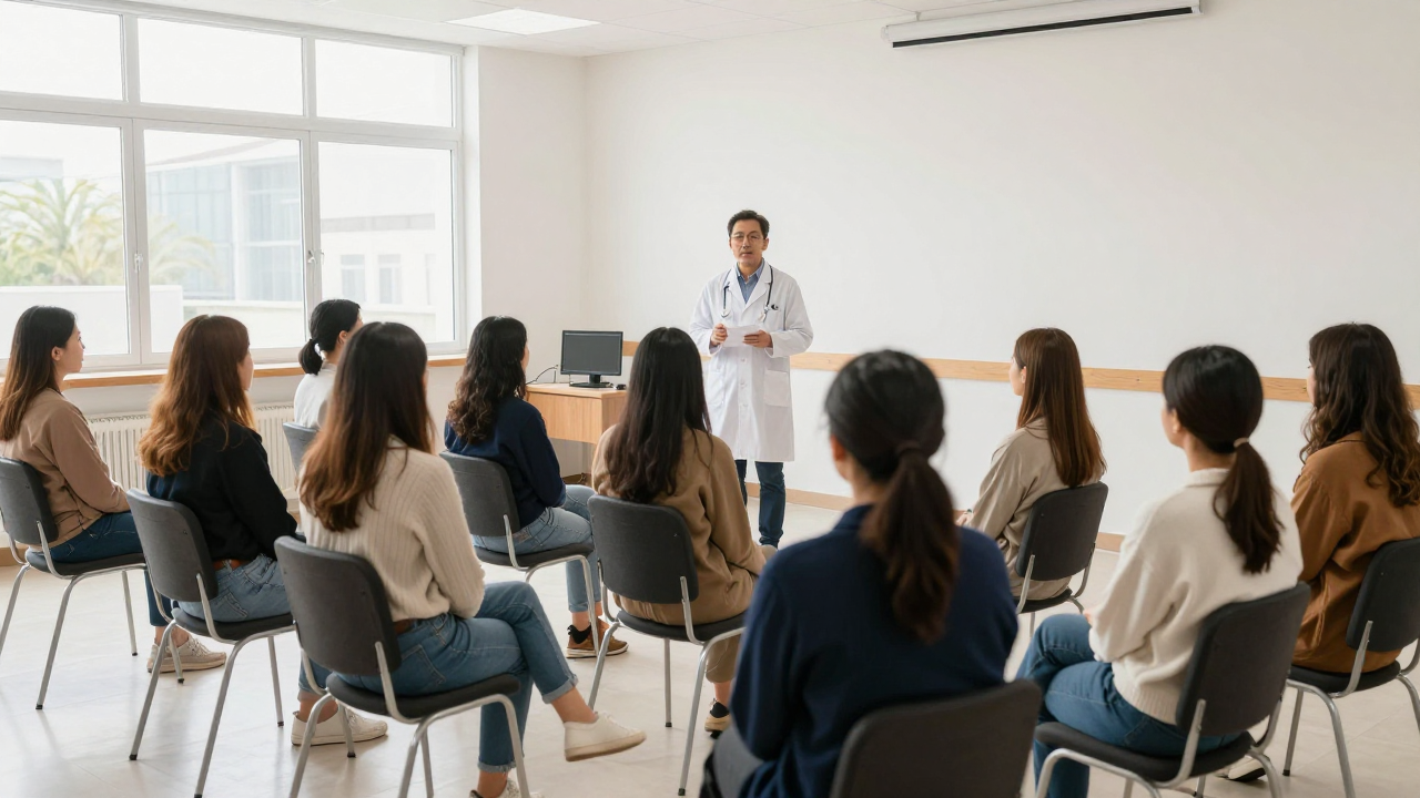 A doctor speaking to a small audience of women in a bright community hall
