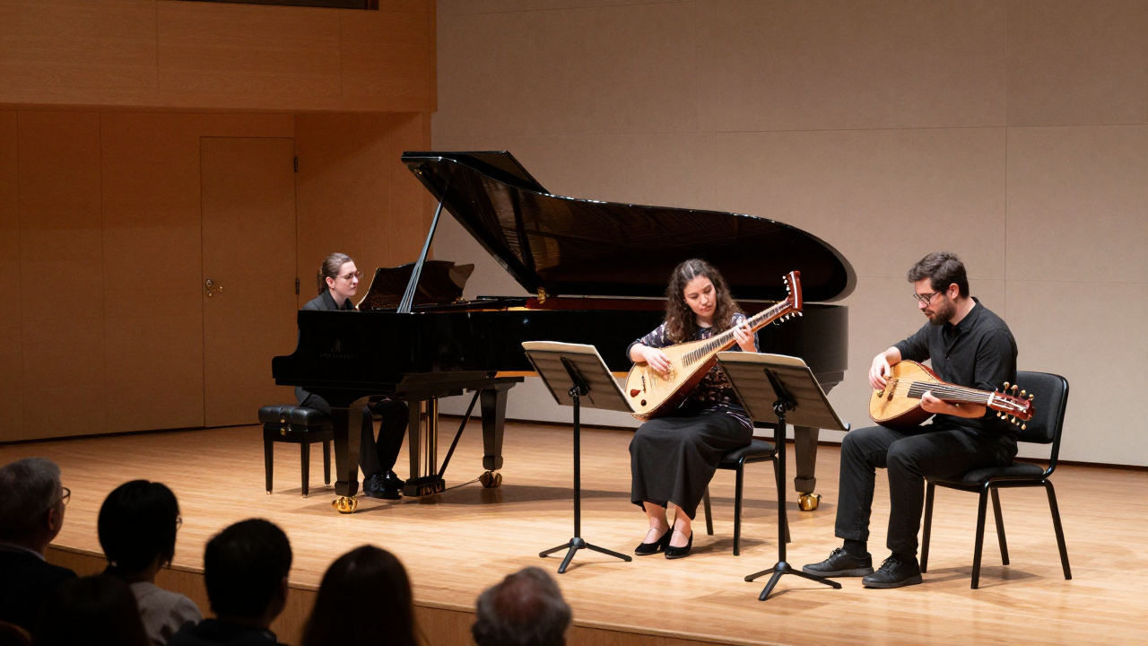 A small chamber-music ensemble with a piano and a kanun performing for a seated audience in an intimate hall