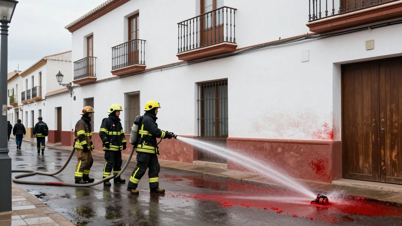 Firefighters hosing down a street lined with buildings after a tomato fight