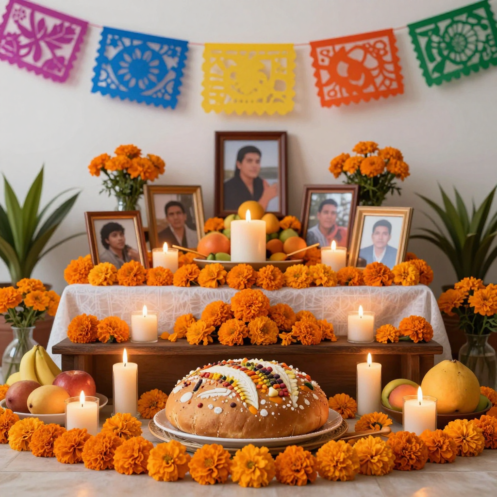 An ofrenda memorial altar with orange marigolds, candles, photographs and pan de muerto