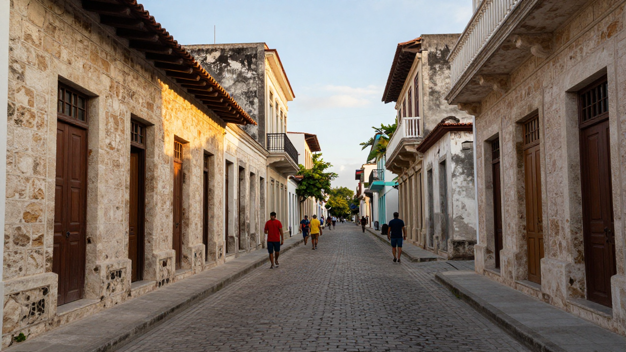 Narrow cobbled street lined with old stone colonial buildings in a Caribbean city at golden hour