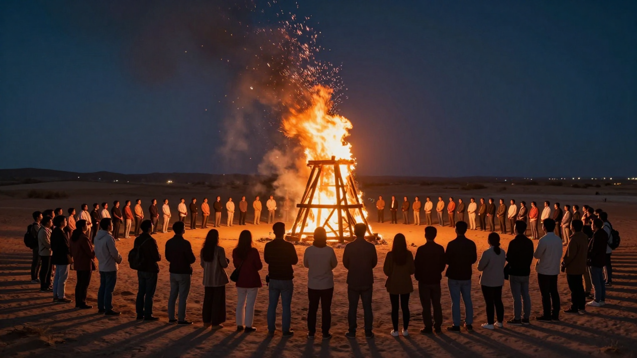 A large crowd in a wide circle at night on a desert plain watching a tall wooden structure burn as sparks rise into the sky