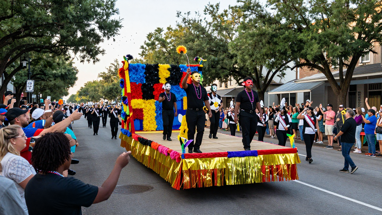A colourful Mardi Gras parade float with masked riders throwing beads to the crowd on a tree-lined New Orleans avenue