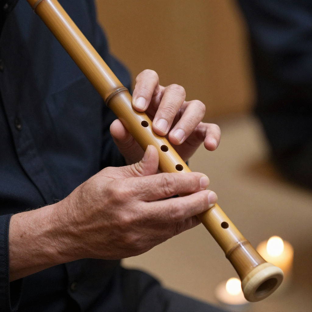 Close-up of hands holding a plain keyless reed flute (ney), candles blurred behind