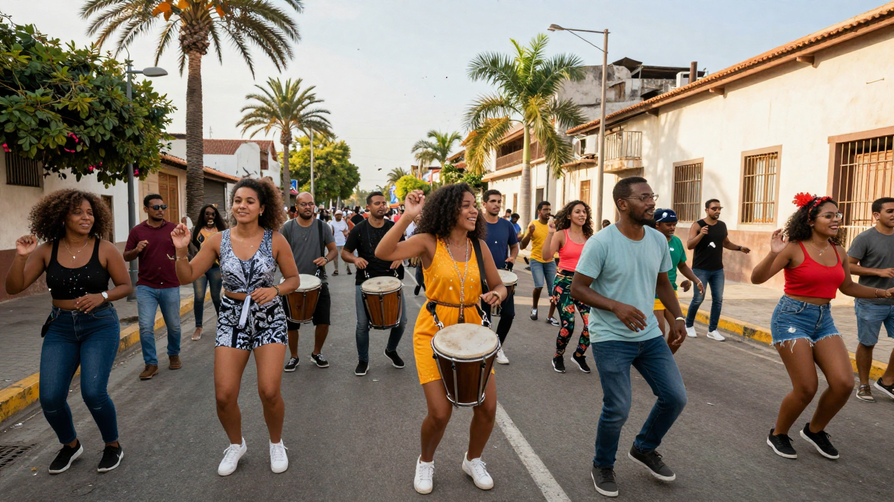A crowd in colourful clothes dancing behind a small percussion band on a sunlit city street