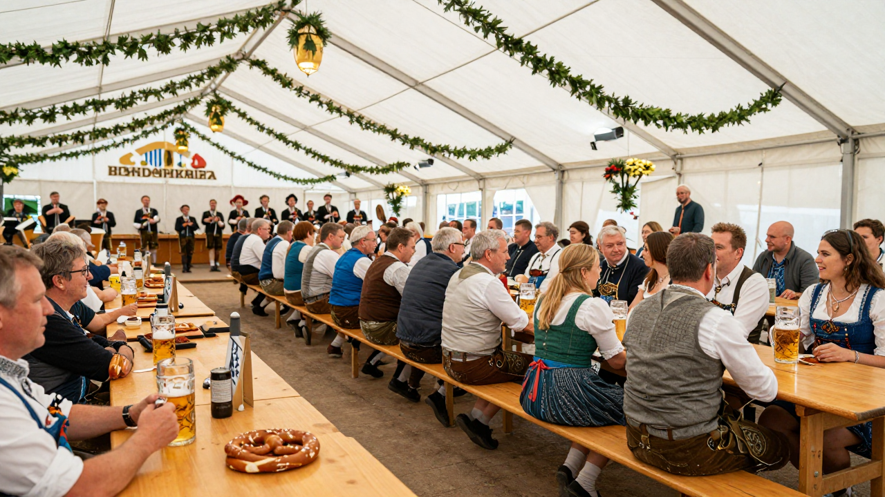People in traditional Bavarian clothing sharing long wooden tables with one-litre beer mugs inside a large Oktoberfest tent