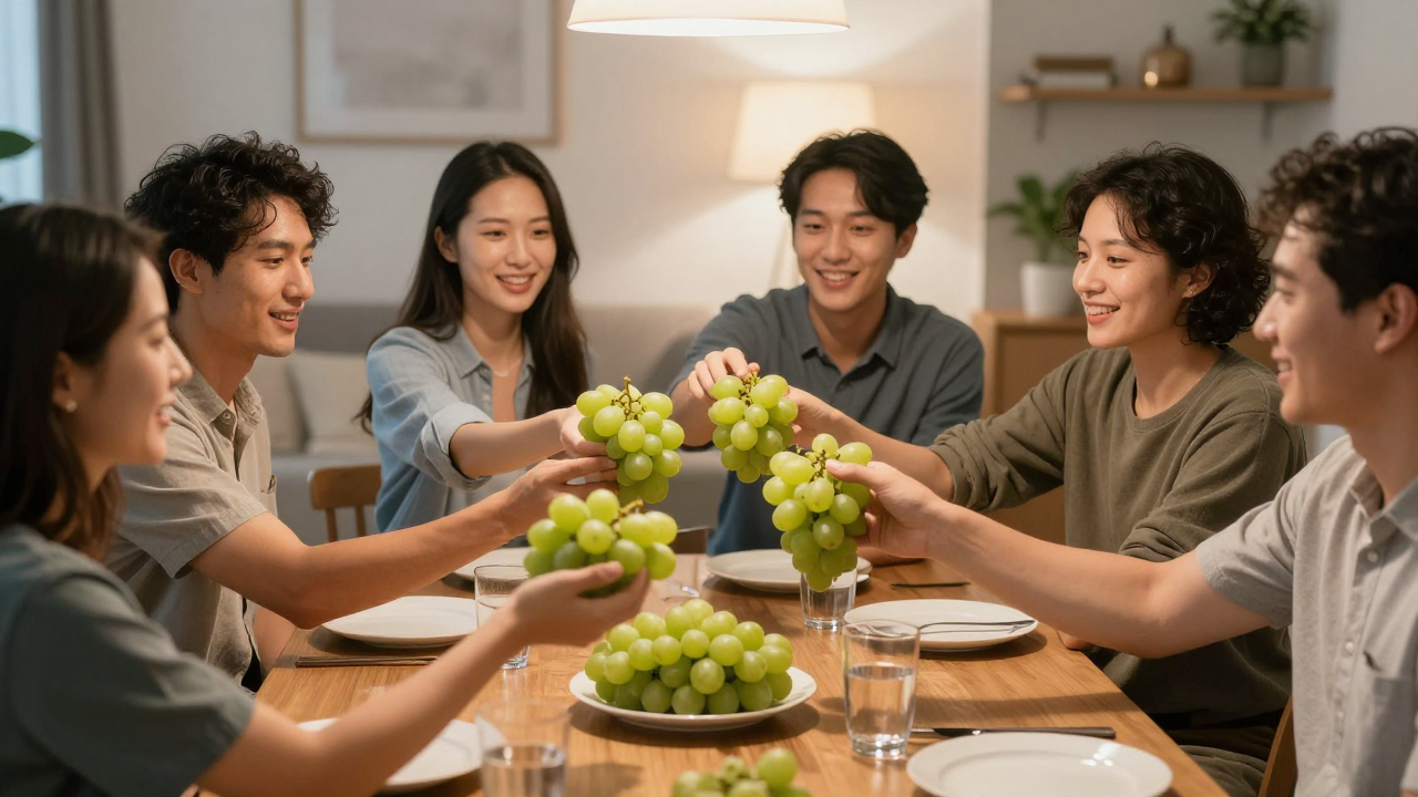 Friends around a table in a Spanish home holding small bunches of green grapes just before midnight