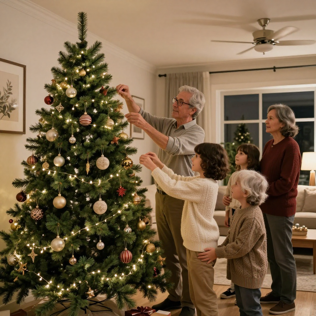 A family decorating a Christmas tree in a warmly lit living room