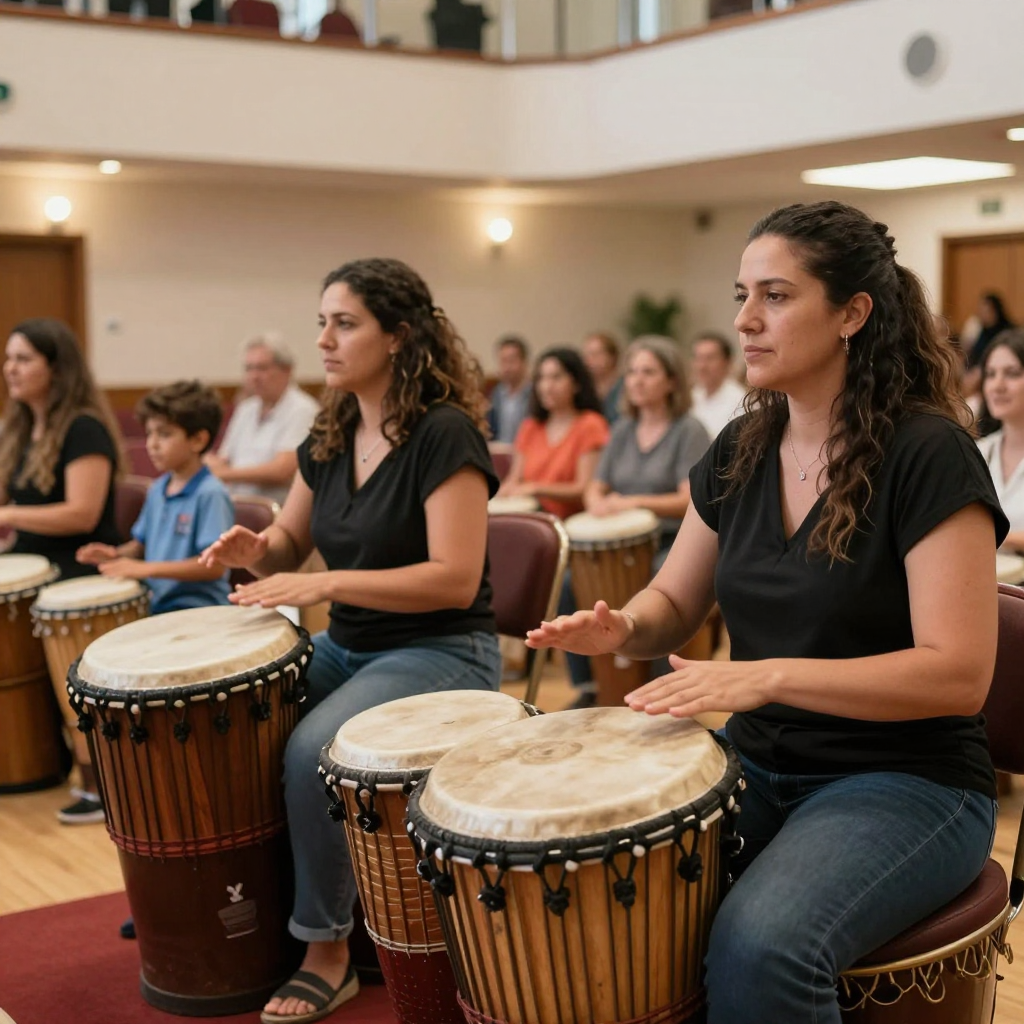 Women playing hand drums in a bright hall, with children beside them, under stage lights during a rhythm performance