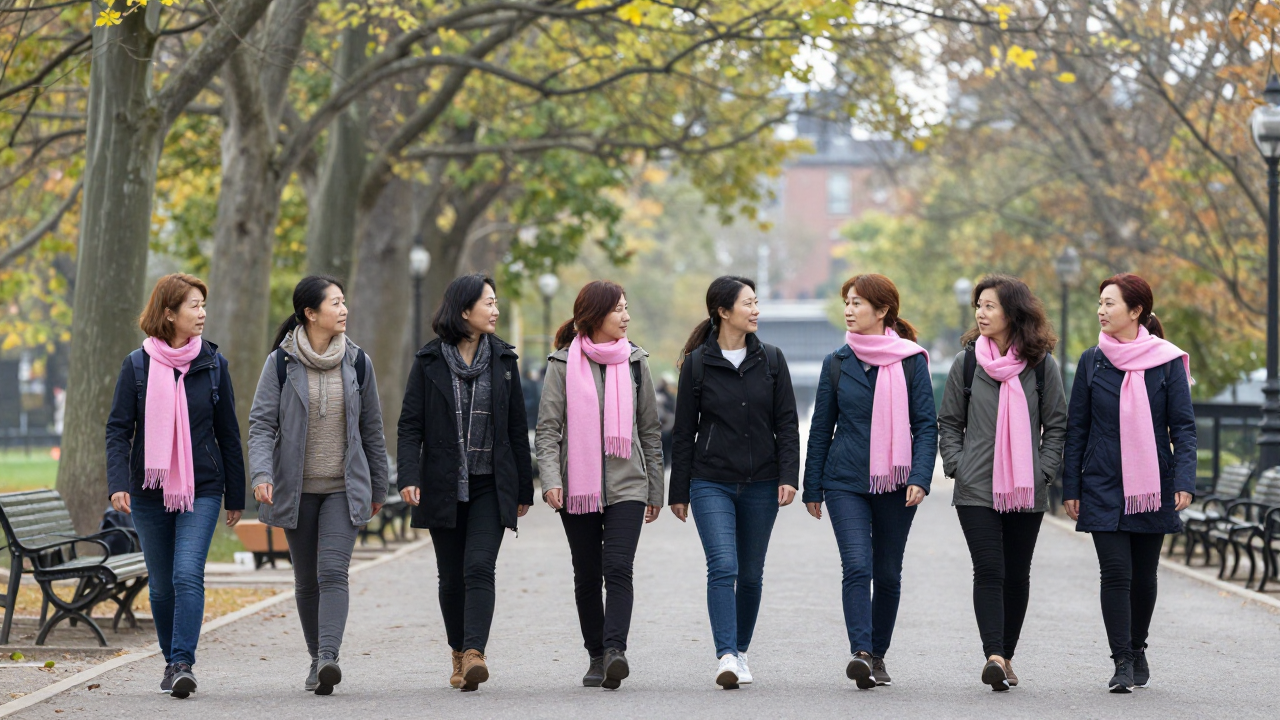 Women of different ages walking together in an awareness event in a city park
