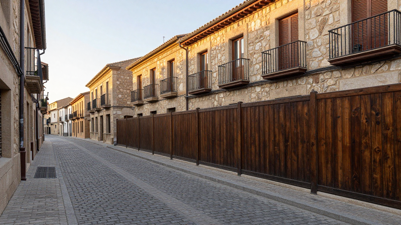 Empty cobbled street in an old Spanish town at dawn, lined with wooden fences and shuttered balconies