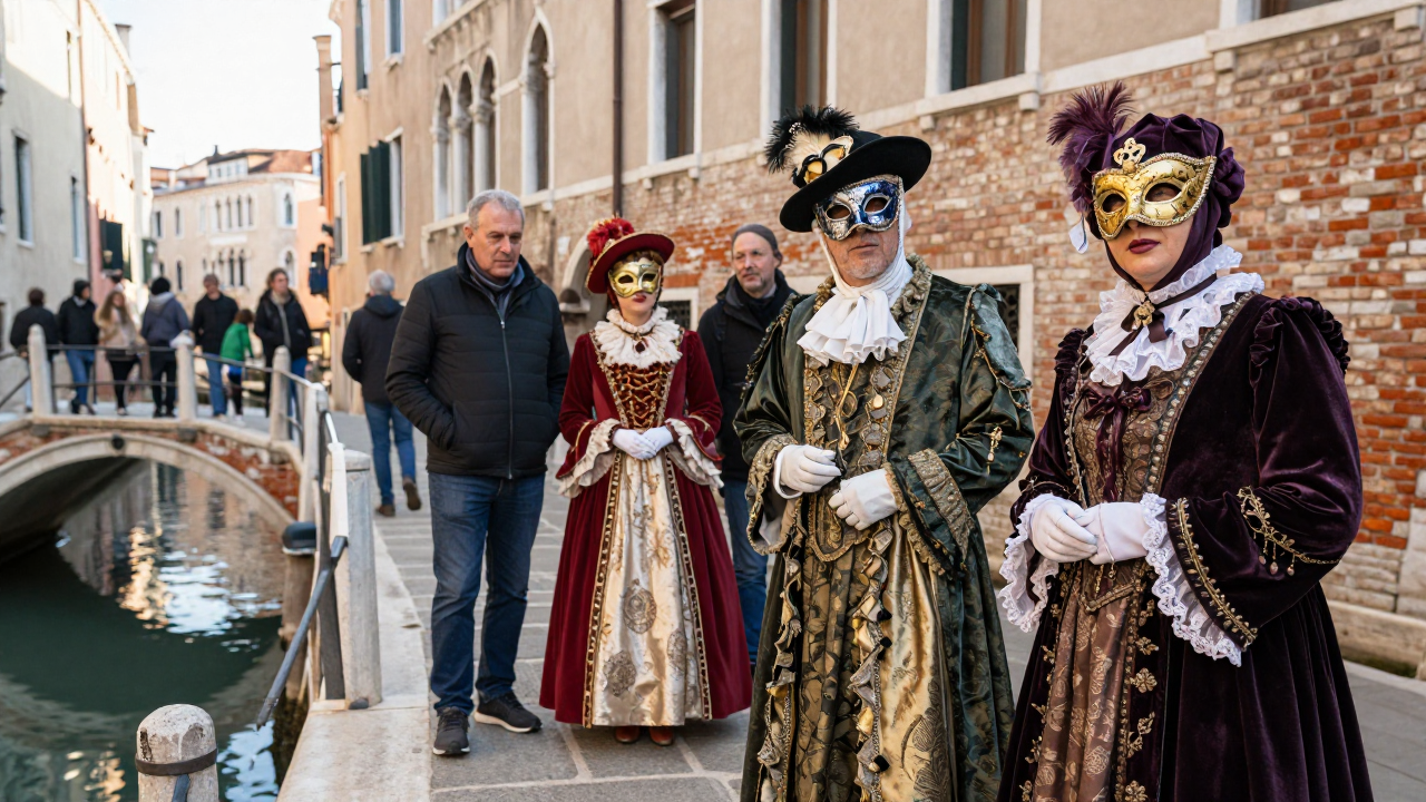 Visitors in period costumes and masks posing on a stone bridge over a Venetian canal