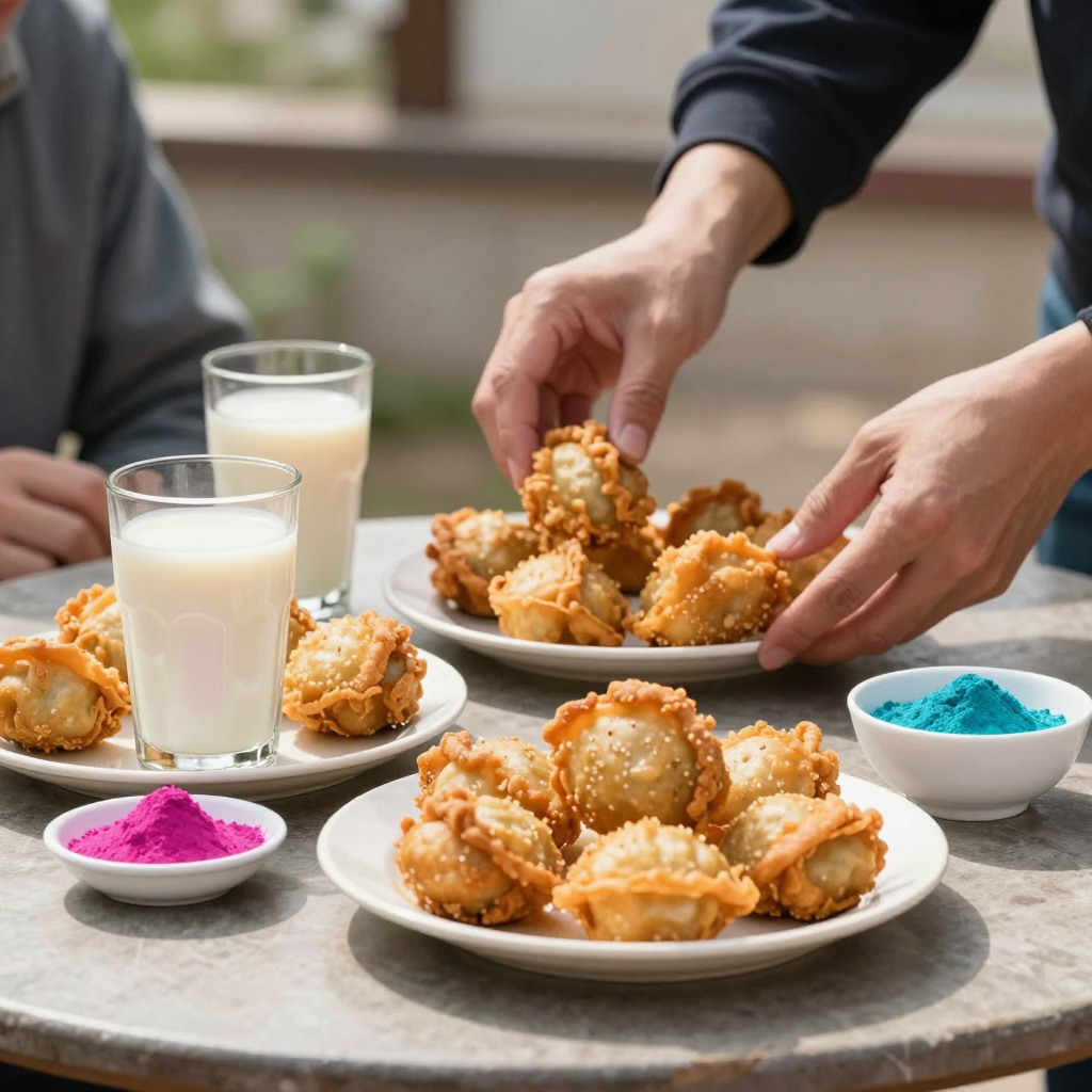 An outdoor table with fried sweet dumplings, glasses of milk drink and bowls of bright colour powder on a sunny spring morning
