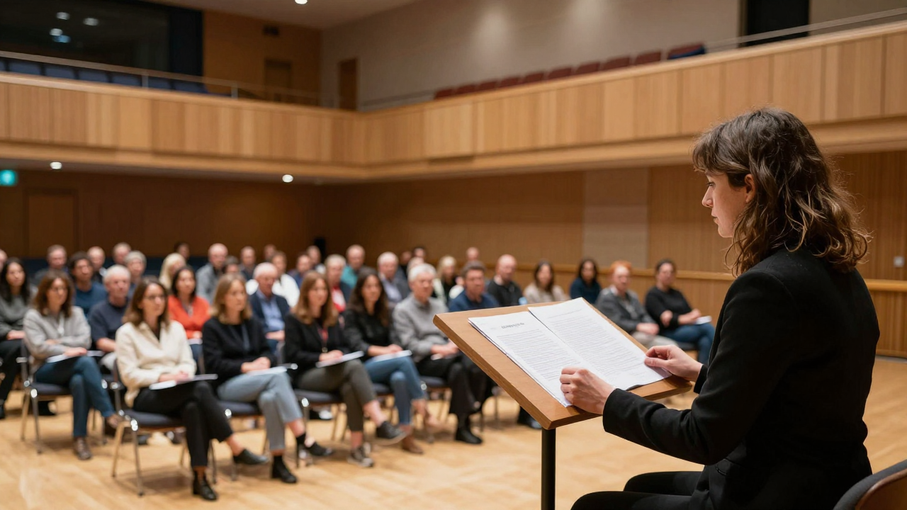 A woman reading poetry at a lectern in a cultural centre hall while the audience listens