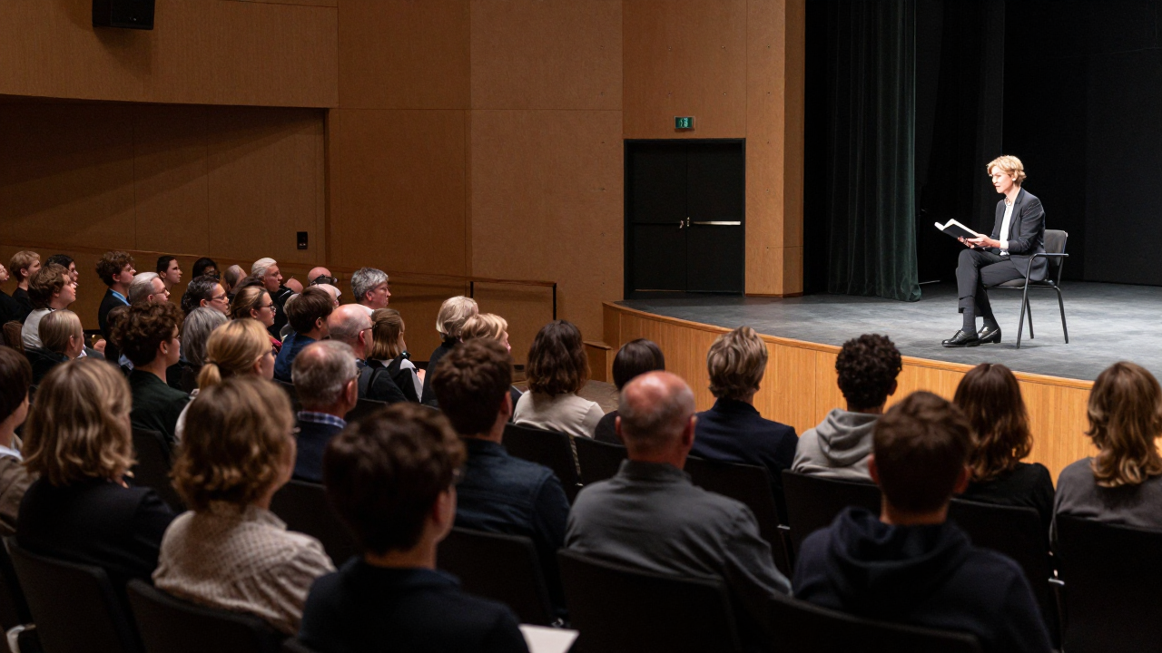 Audience in a small theatre hall listening to a reader on stage