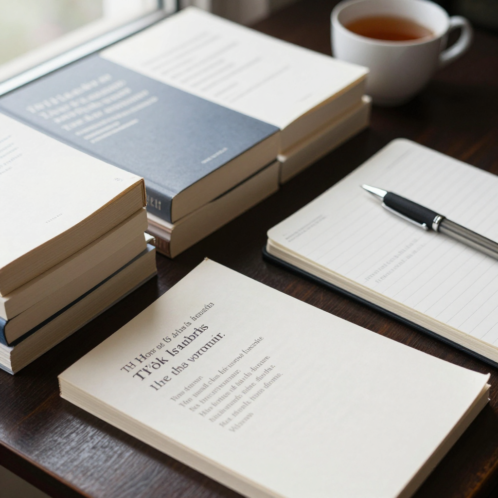 A table with stacks of poetry books and anthologies, a notebook, a pen and a glass of tea