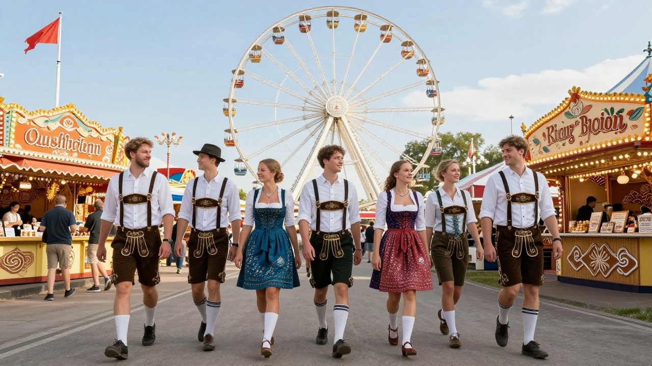 A group in Dirndl and Lederhosen walking across the Oktoberfest grounds in Munich with a Ferris wheel behind them