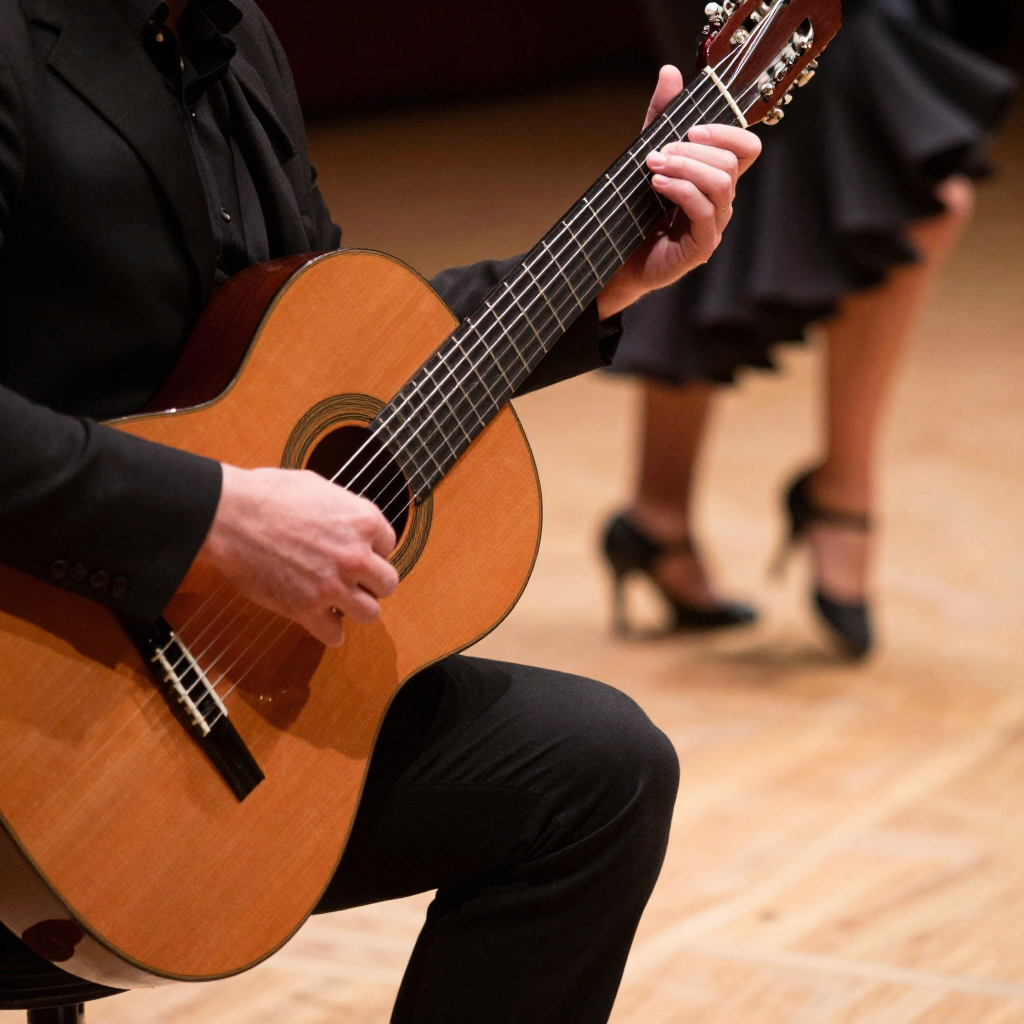 A flamenco guitarist's hands on the strings with a dancer's heeled shoes blurred on the wooden floor behind