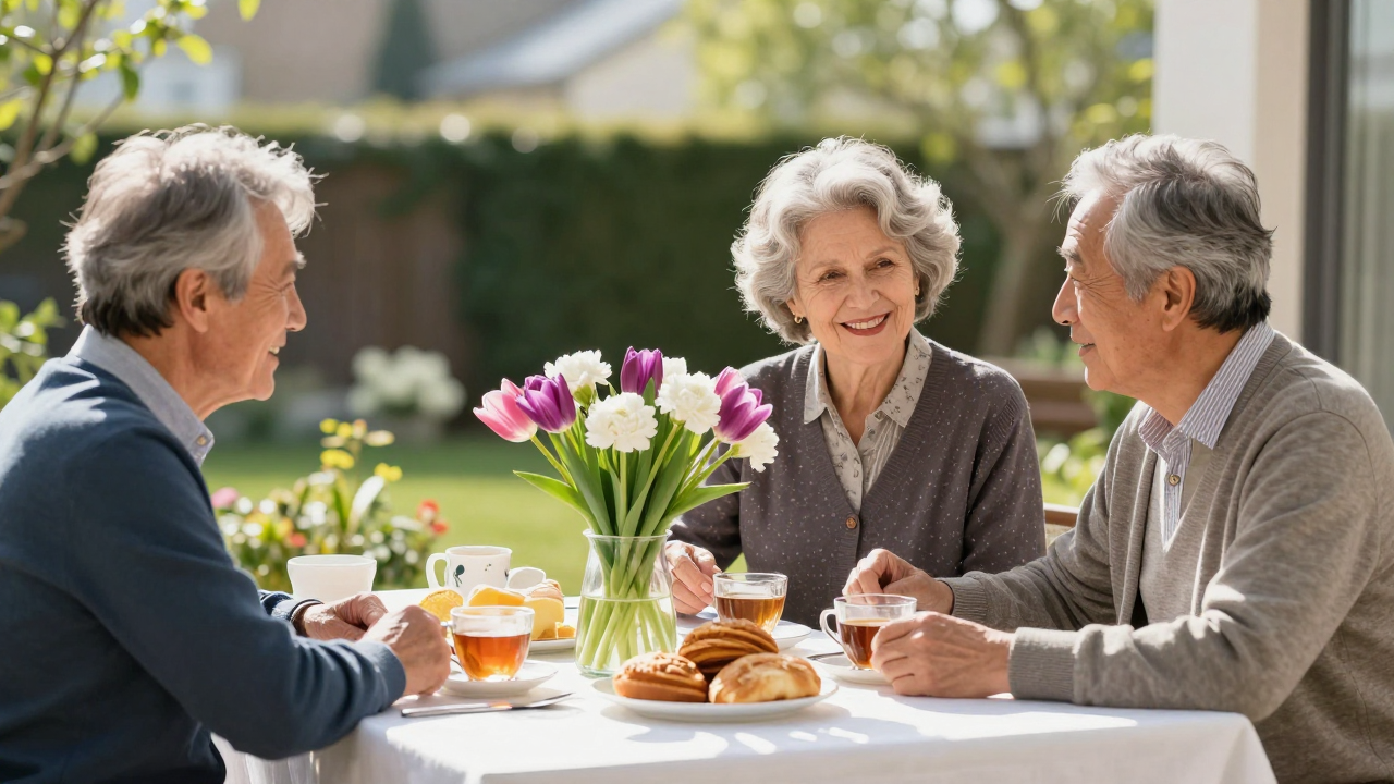 A family sharing a spring breakfast with tulips and white carnations