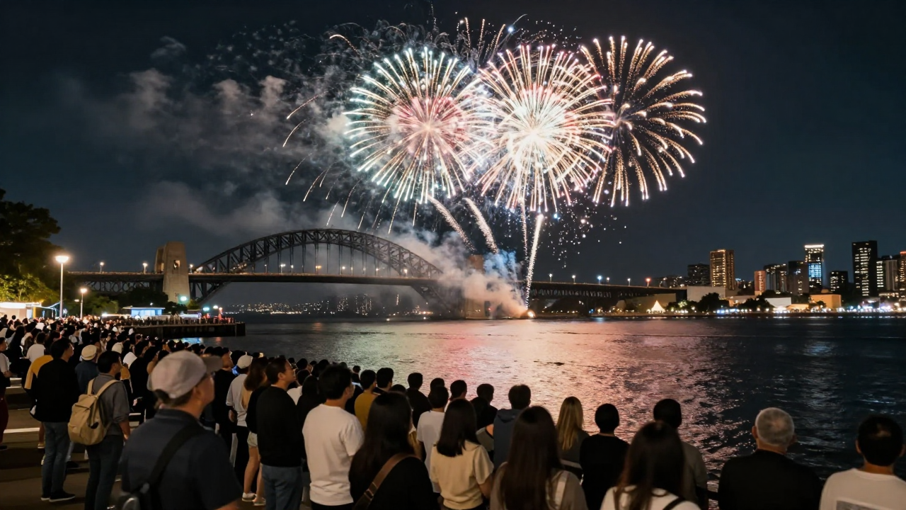 Crowd on a harbour waterfront watching fireworks burst over the water and a large steel bridge at night