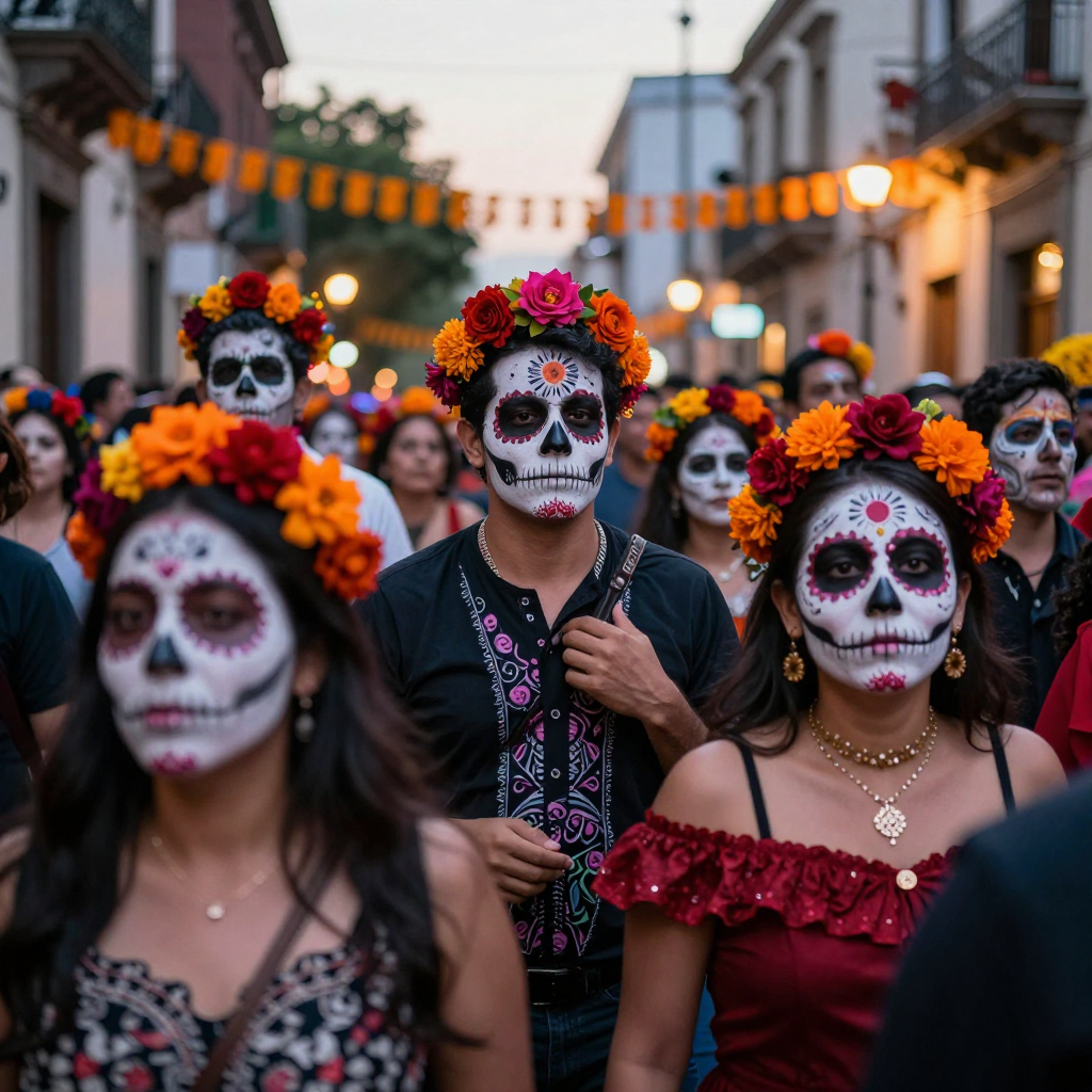 A crowd in a Mexico City street celebrating Día de Muertos in face paint and flower crowns