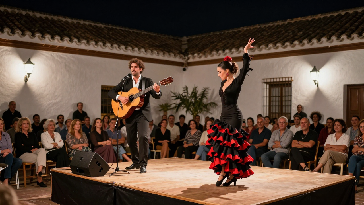 A guitarist, a singer and a dancer performing together on a small stage during a flamenco night in Andalusia
