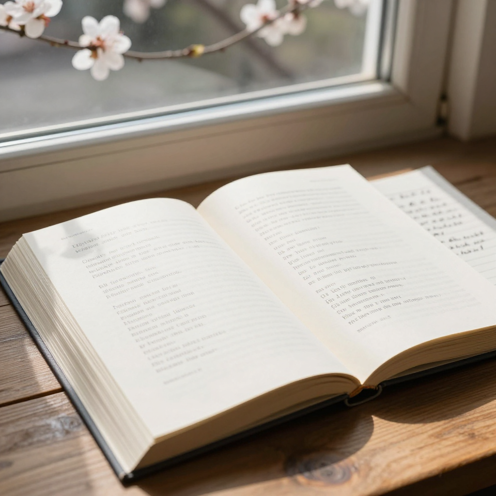 An open poetry book and a handwritten notebook on a wooden table by a sunny window with blossoming branches outside.