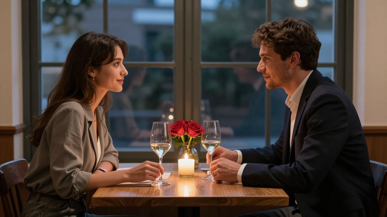 Two people sharing a candlelit dinner at a small restaurant table in the evening