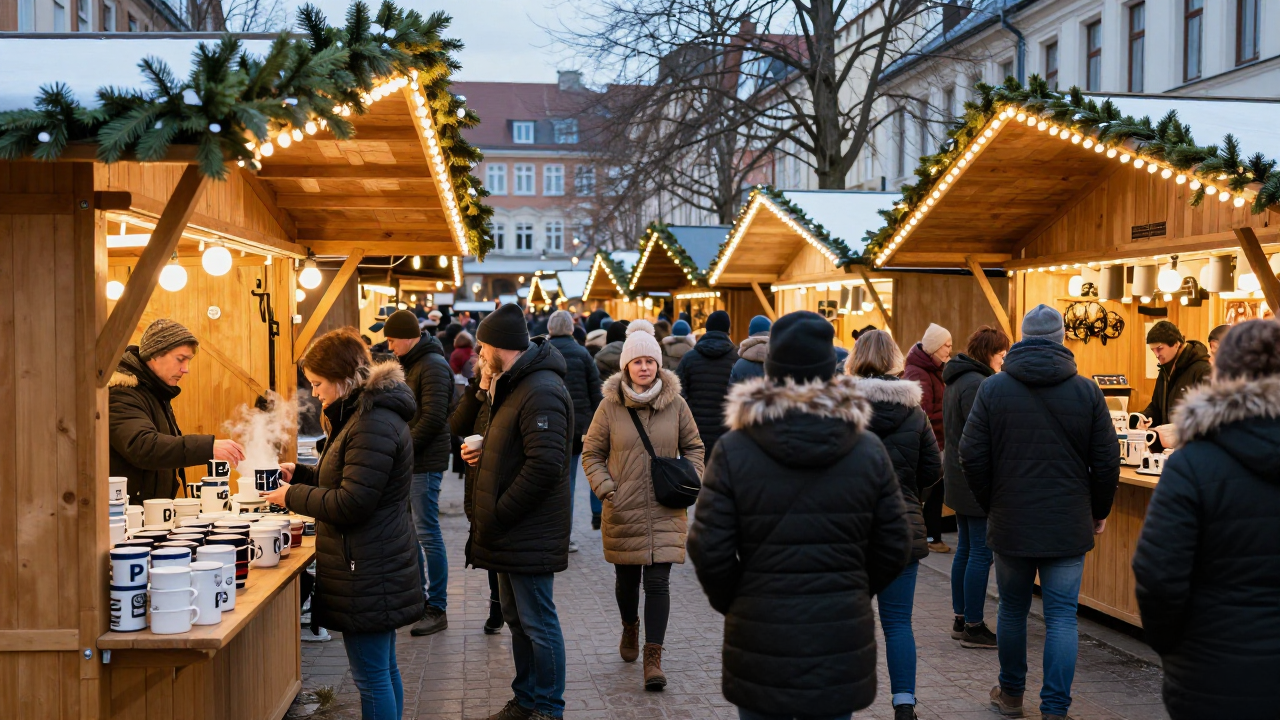 A busy Christmas market with wooden stalls and warm string lights at dusk