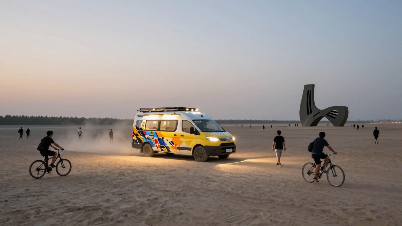 A decorated art vehicle, walkers and cyclists on a vast flat desert lakebed at dusk, with large sculptures in the distance