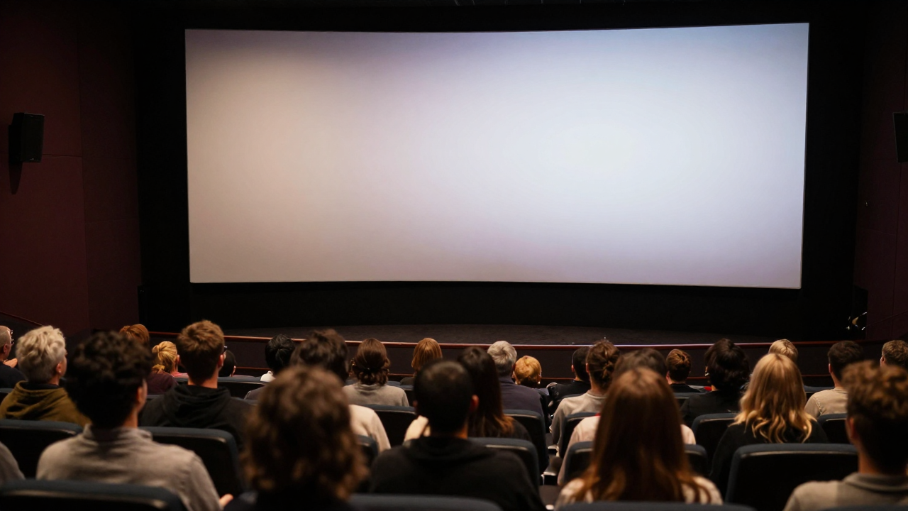 Audience seated in a dark cinema hall watching a large lit screen, seen from behind