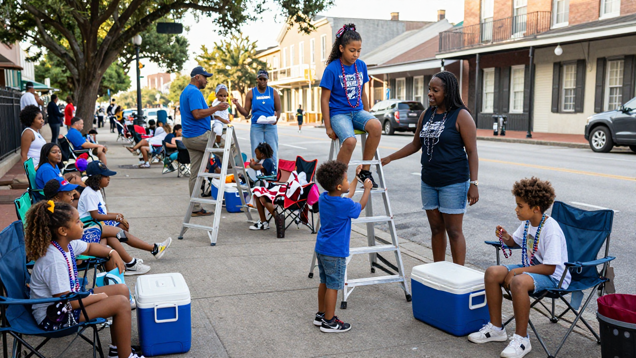 Families and children on ladders and folding chairs along a New Orleans parade route, reaching for beads