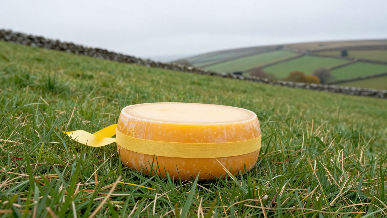 A round cheese wheel on a green hillside in the Gloucestershire countryside