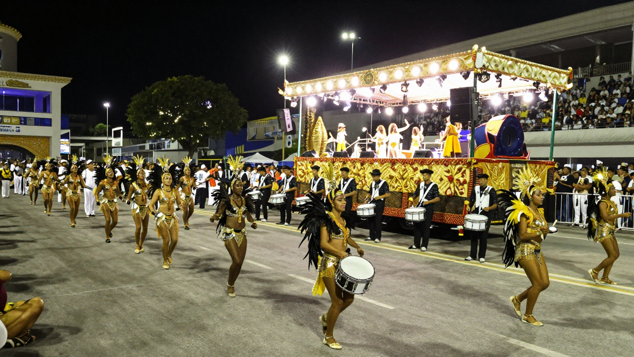 Dancers in sequined feathered costumes, a drum section and a lit float at a night parade