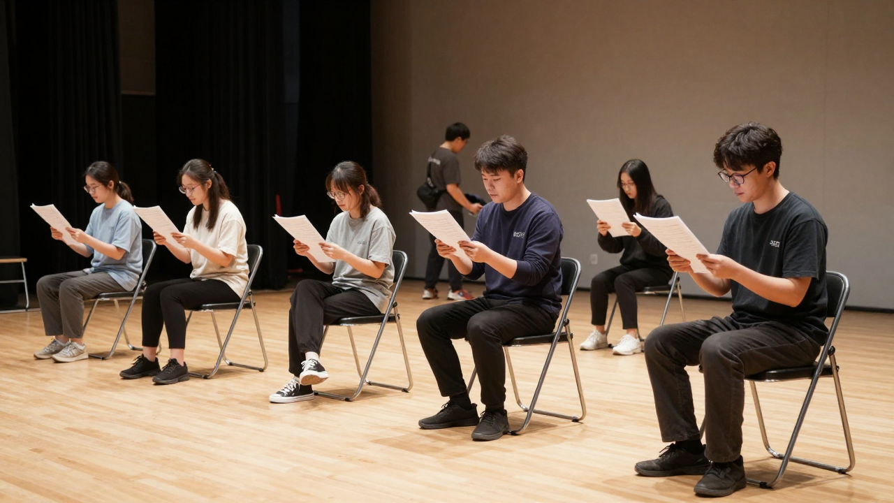 Actors reading from scripts on a bare studio stage during a rehearsal